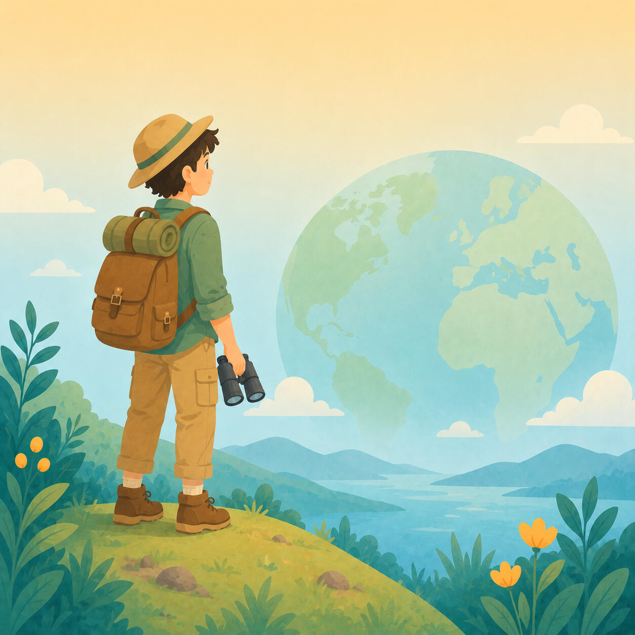 Illustration of a young explorer character looking at a globe with binoculars, representing the World Explorer reading level