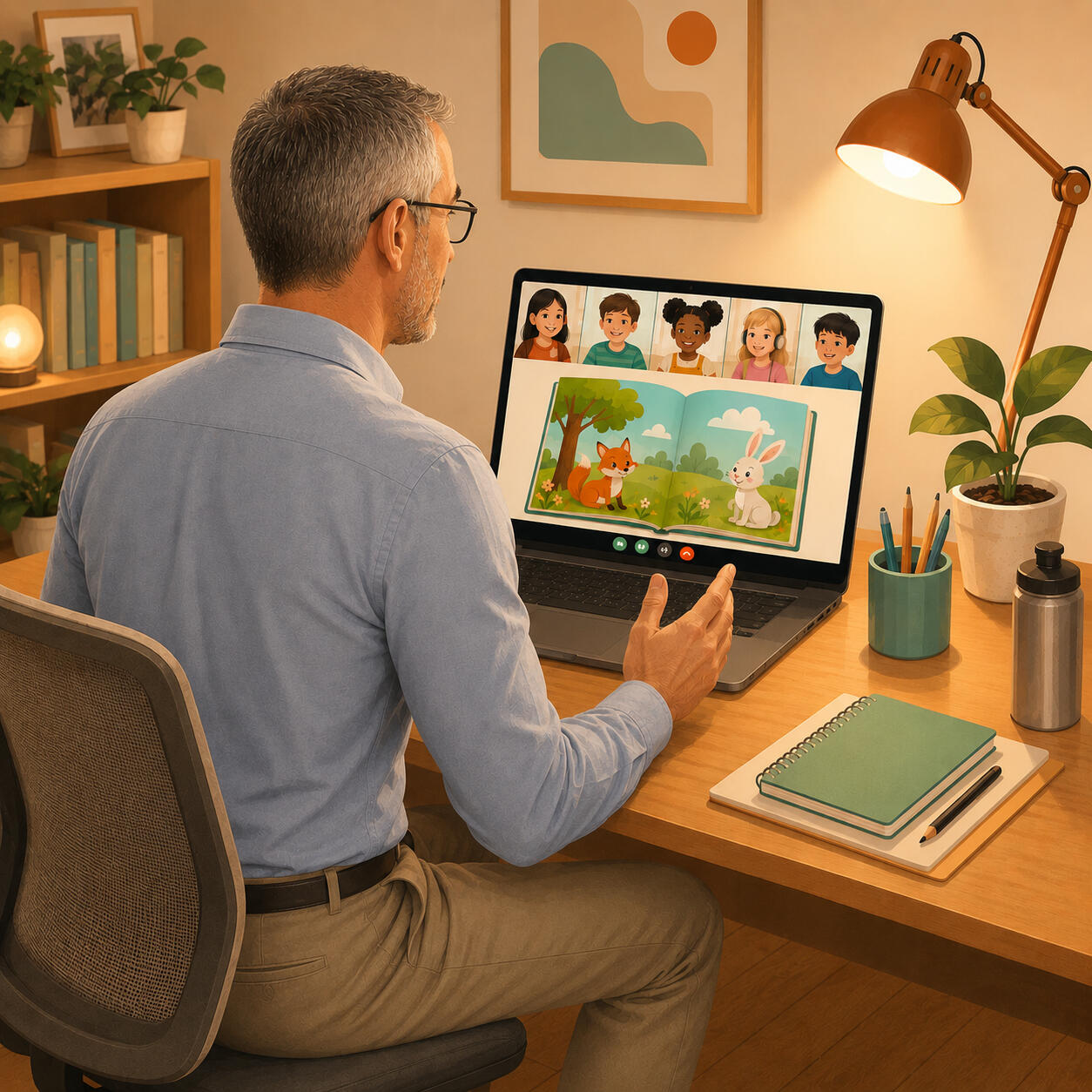CircleUp English online class Tutor teaching English to children online via video call, sharing a storybook on screen